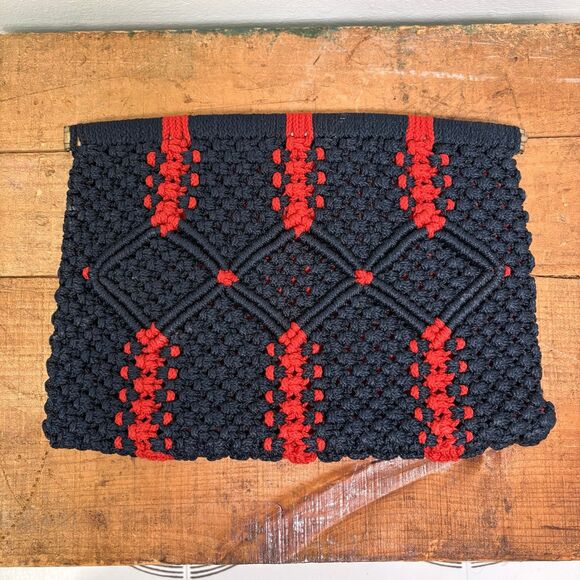 Handmade Handbags - Vintage 70s Macrame Clutch Purse Red Blue